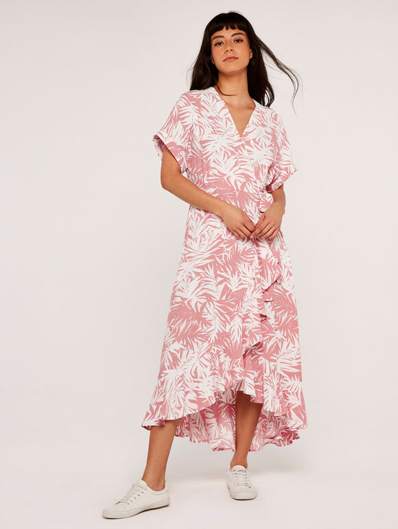 Leaf Print Wrap Dress, Pink, large