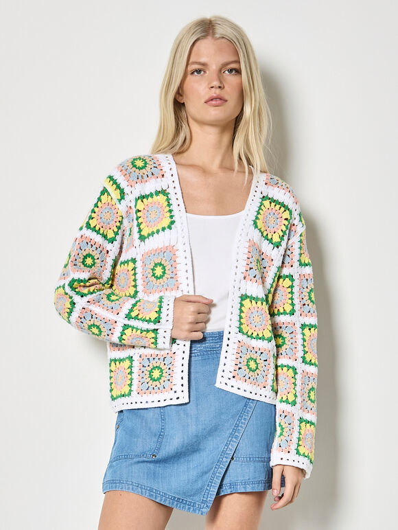 Pastel Floral Crochet Cardigan, Yellow, large