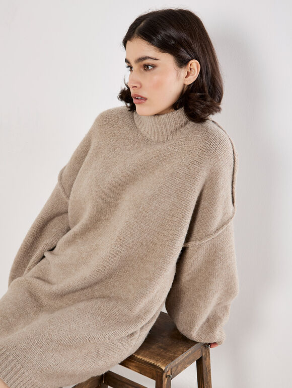 Oversized Fluffy Knit Jumper Mini Dress, Stone, large