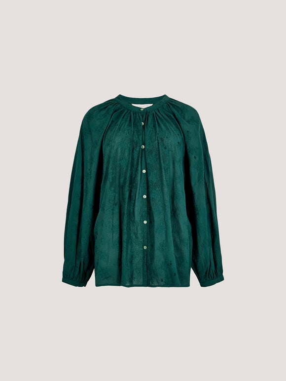Floral Embroidered Cotton Shirt, Green, large