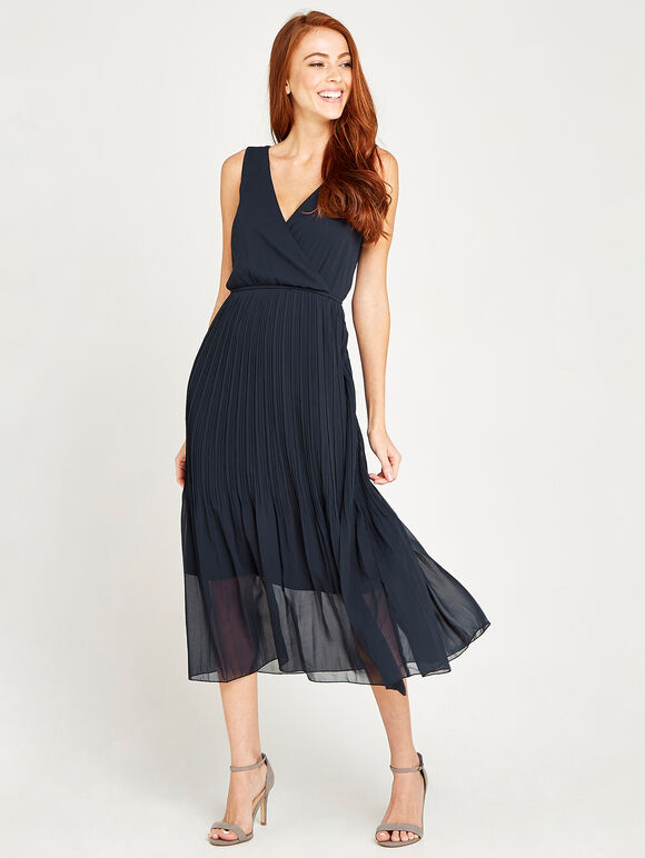 Chiffon Plisse Midi Dress, Navy, large
