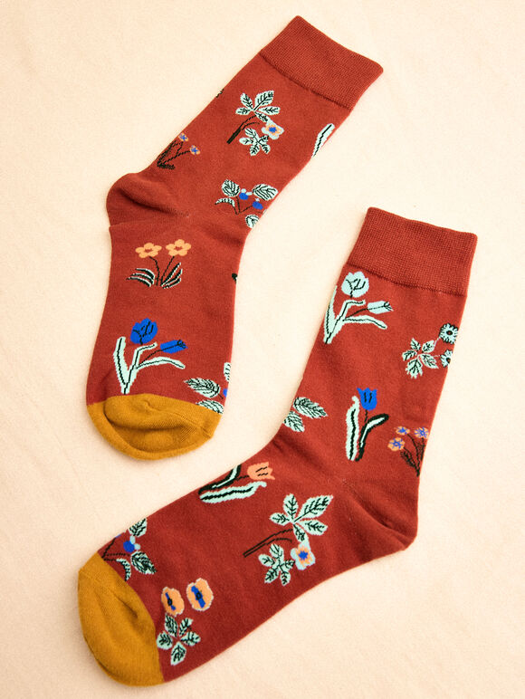 Floral Print Socks, Red, large