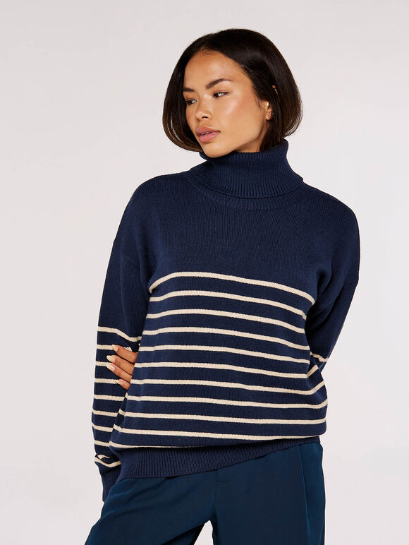 Striped Roll Neck Jumper, Navy, large
