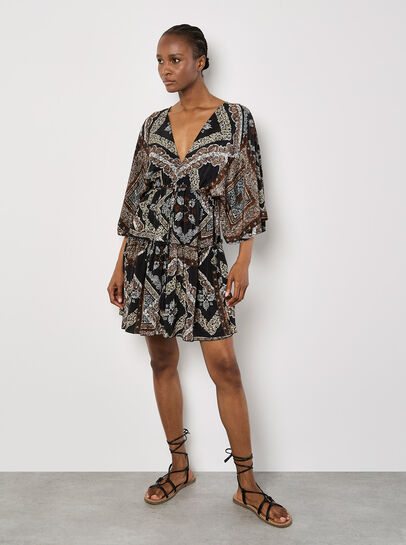 Satin Scarf Print Kaftan Mini Dress