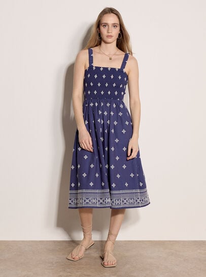 Cotton Blend Embroidered Midi Dress
