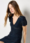 Metallic Bodycon Wrap Mini Dress, Navy, large