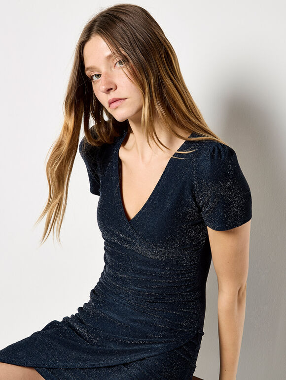 Metallic Bodycon Wrap Mini Dress, Navy, large