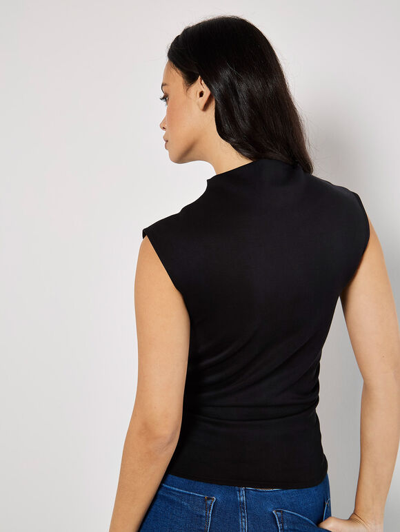 High Neck Side Ruched Top, Black, large