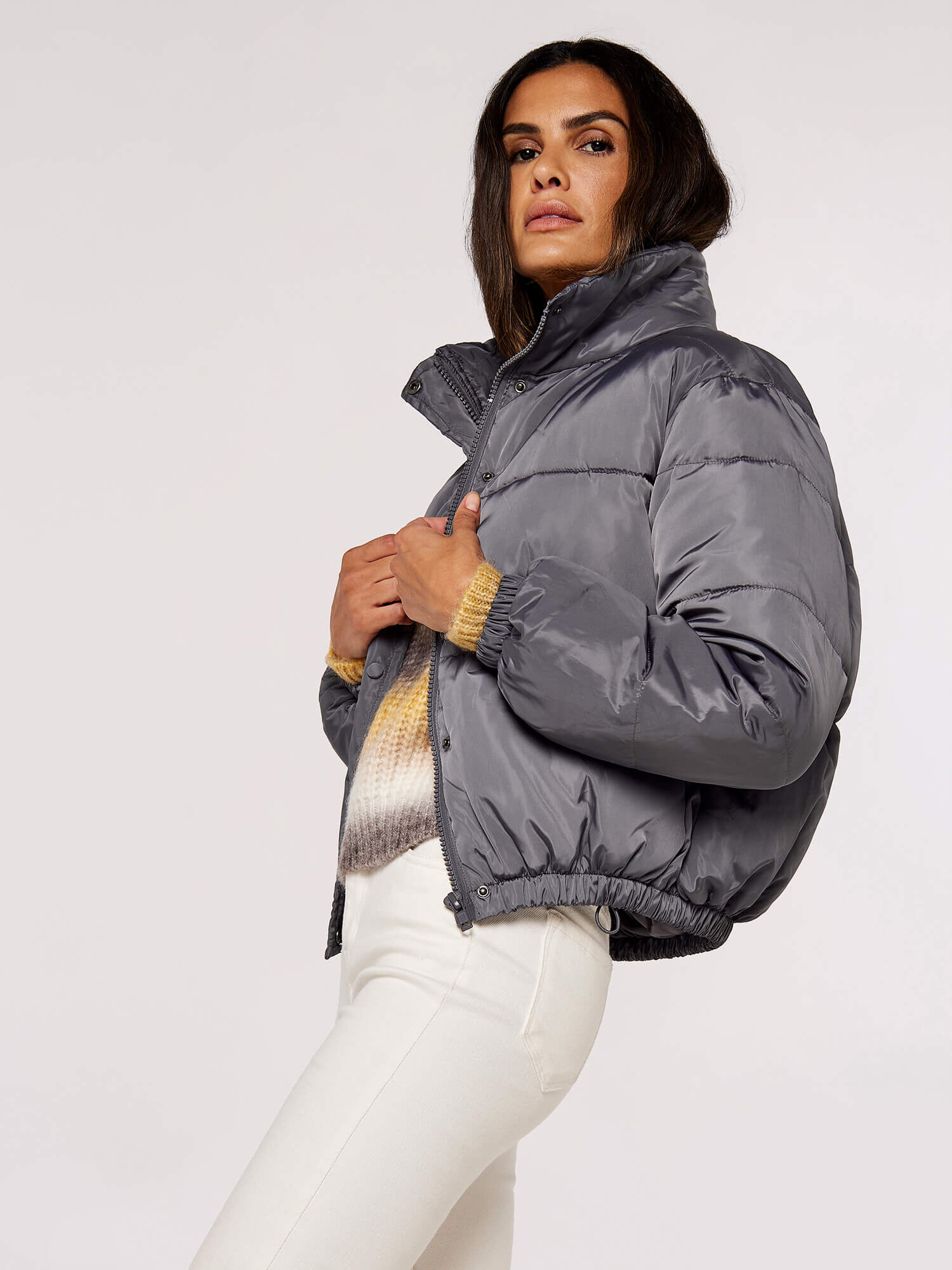 Grey reversible borg outlet cropped puffer jacket