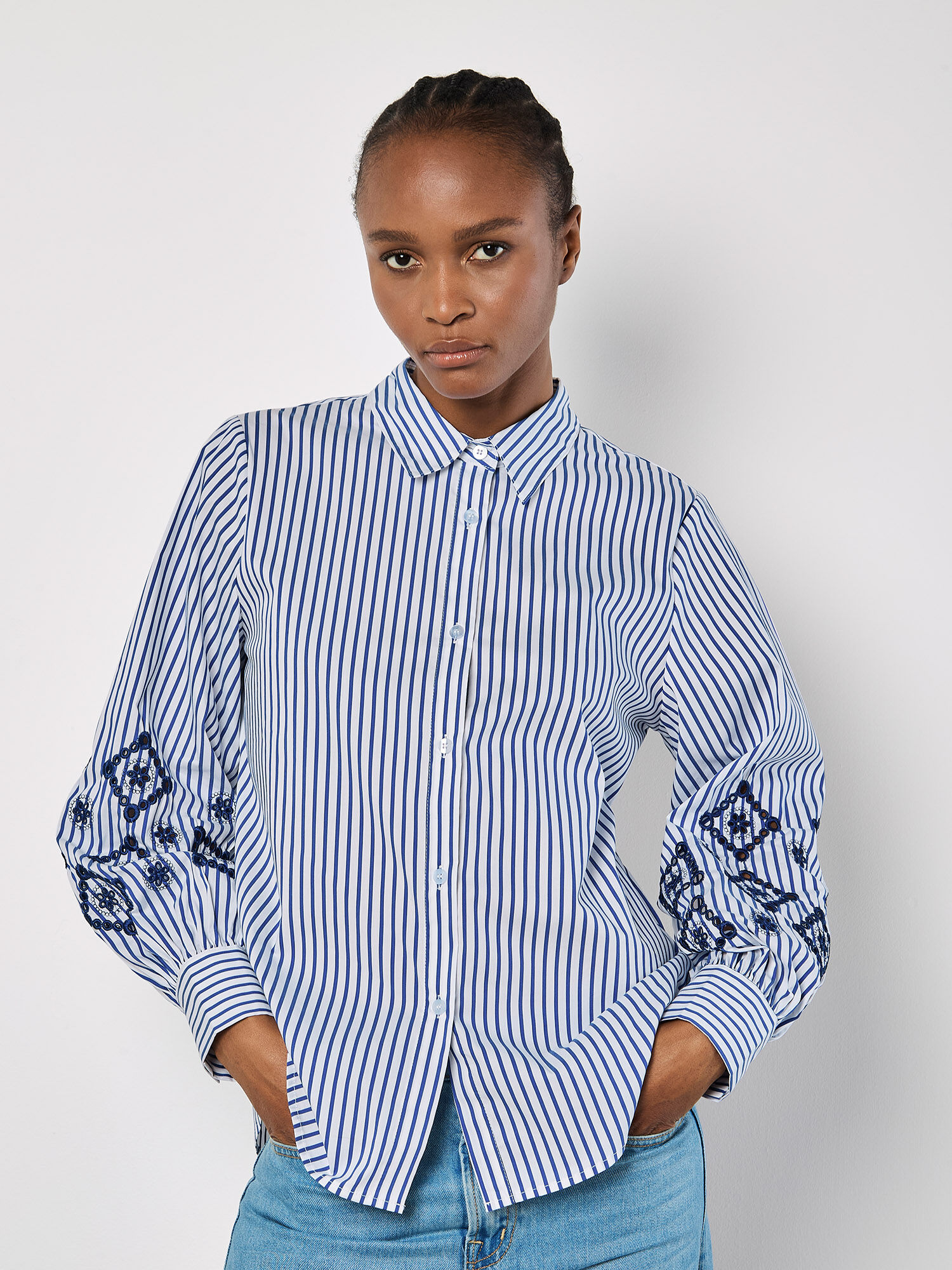 Embroidered Sleeves Stripe Shirt | Apricot Clothing