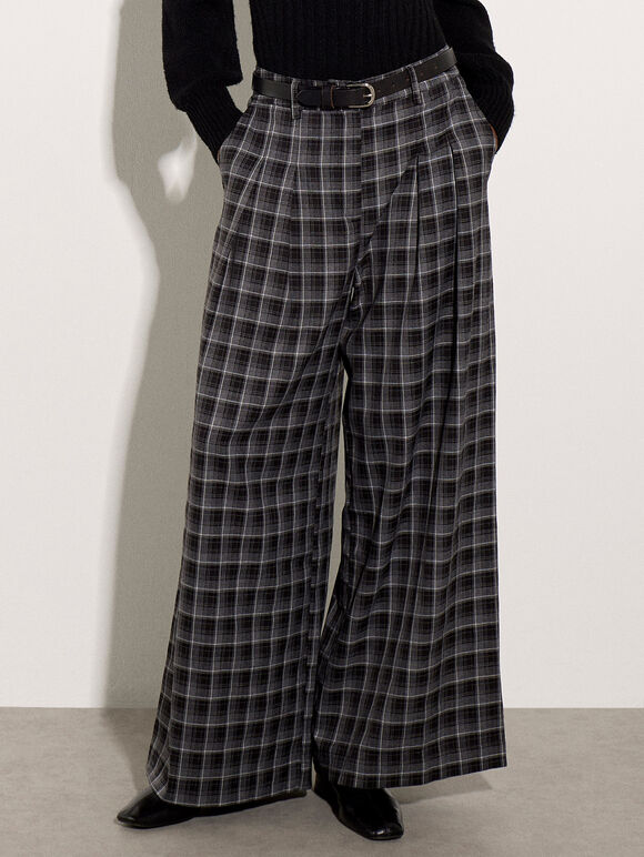 Check Print Tailored Wide-Leg Trousers, Black, large