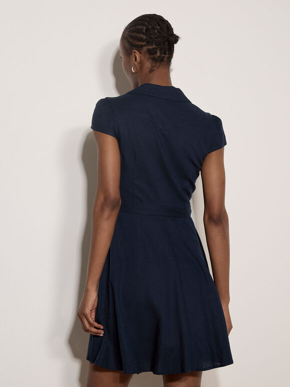 Linen Blend Shirt Mini Dress, Navy, large