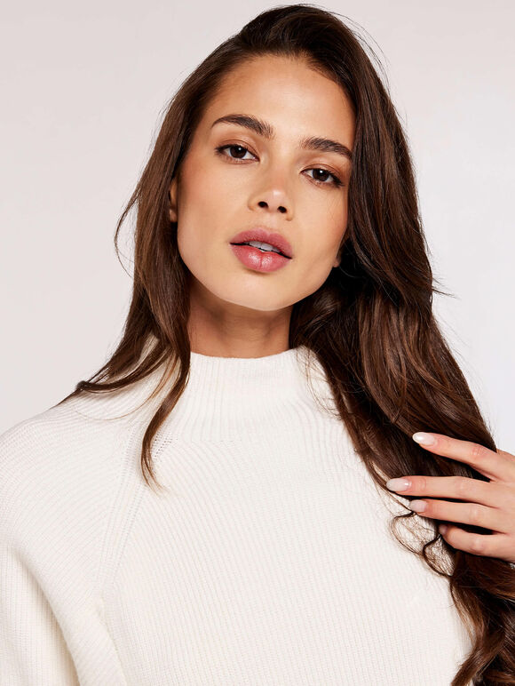 High Neck Ribbed Jumper, White, large