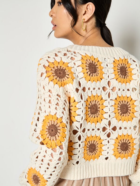 Sunflower Hand-Knit Crochet Cardigan, Stone, large