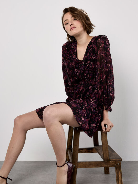 Ditsy Floral Chiffon Ruffle Dress, Burgundy, large