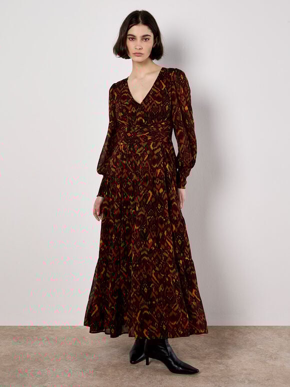 Ikat Chiffon Tiered Maxi Dress, Burgundy, large