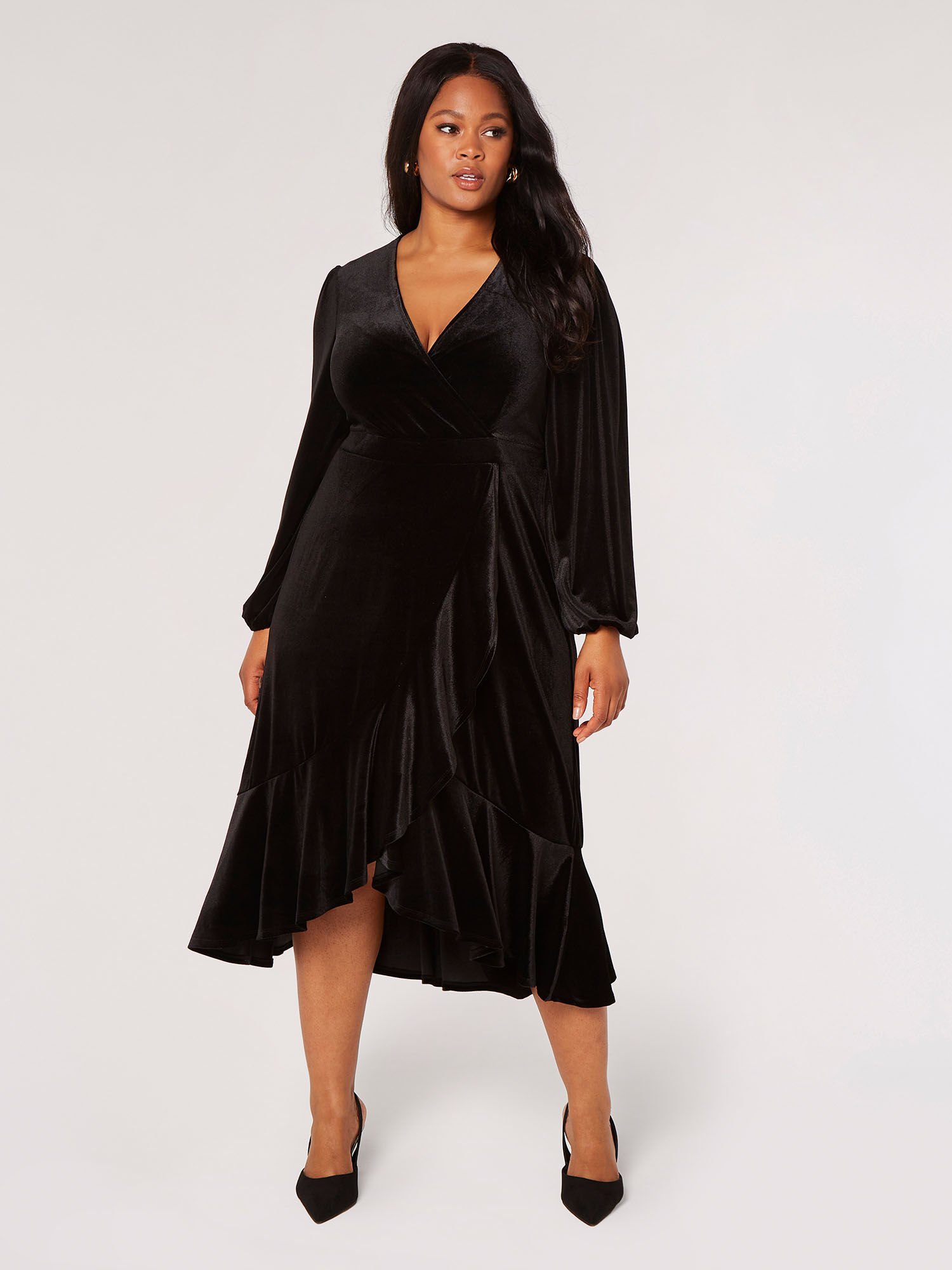 Curve Velvet Wrap Midi Dress Apricot Clothing