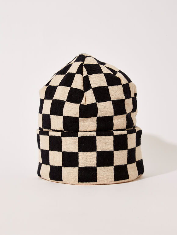 Checkered Beanie Hat, Stone, large