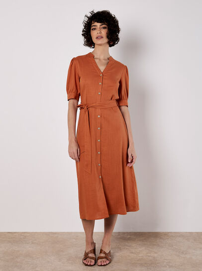 Button Down Linen Blend Midi Dress