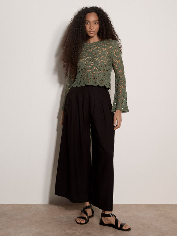 Boho Floral Cotton Crochet Top, Khaki, large