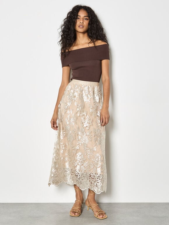 Shimmer Mesh Floral Embroidered Midi Skirt, Stone, large