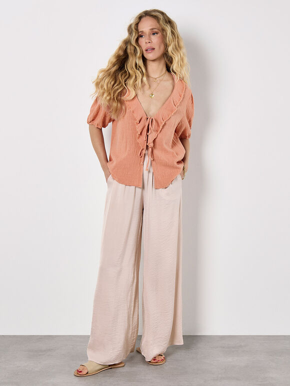 Raw Edge Ruffle Tie-Up Top, Coral, large