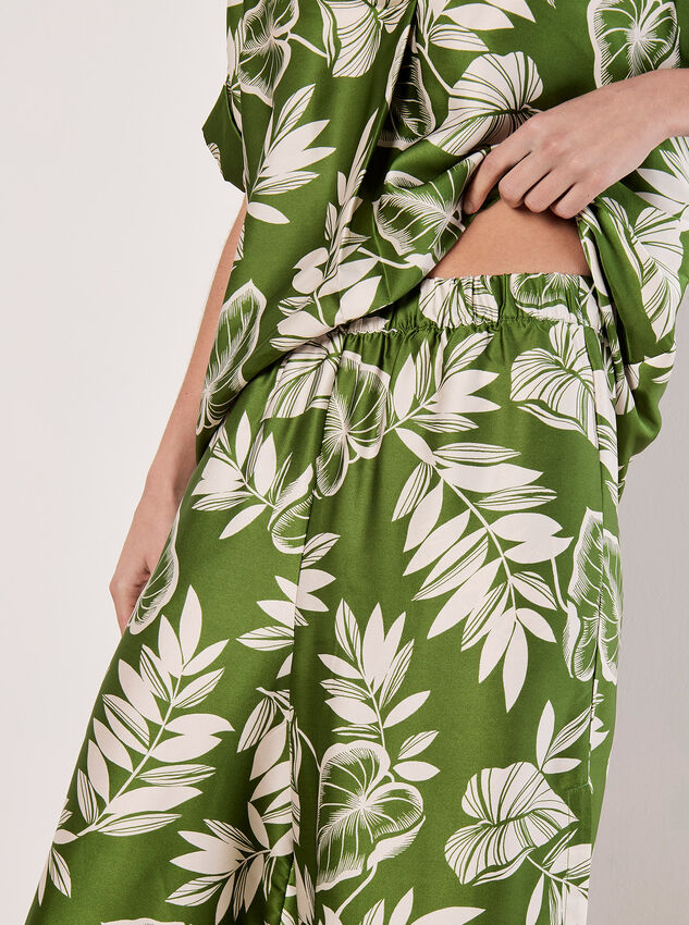 Tropical Leaf Print Satin Wide Leg Trousers, Green, large