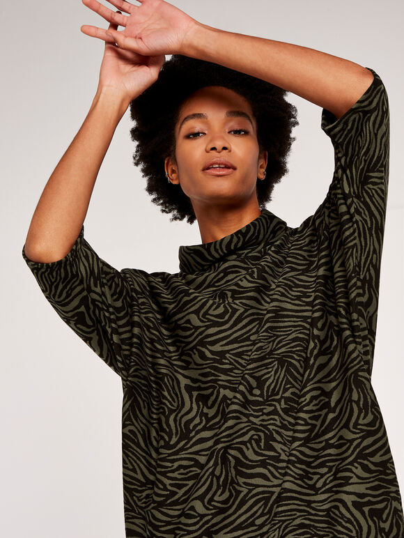 Zebra Print Cocoon Mini Dress , Khaki, large