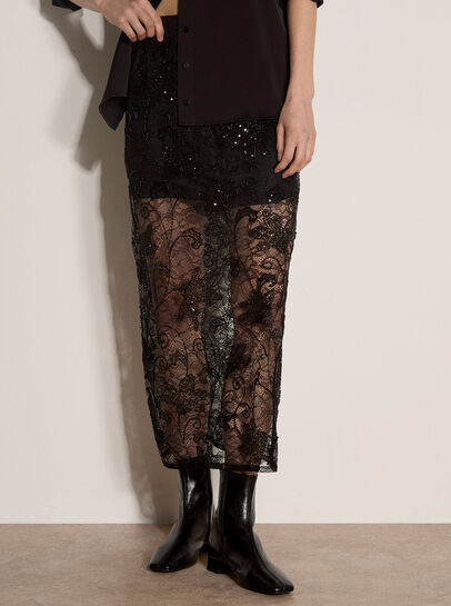 Floral Beaded Lace Midi Skirt
