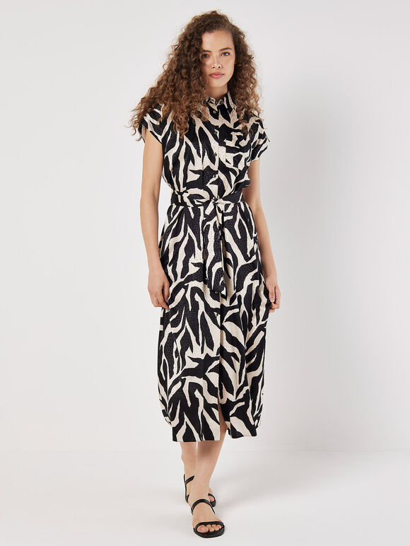 Textured Satin Zebra Print Midi Dress, Cream, large