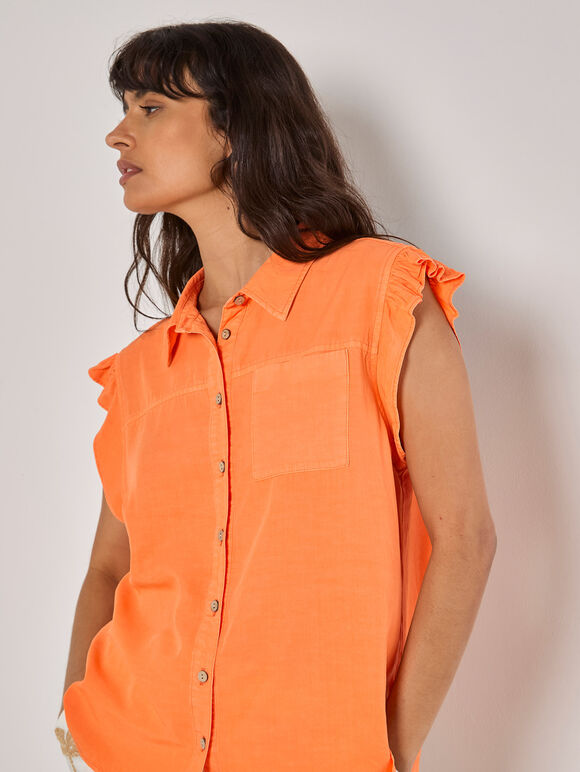Ruffle Sleeve Soft Slub Blouse, Coral, large