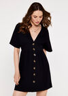 V-Neck Button Front Dress, Black, large