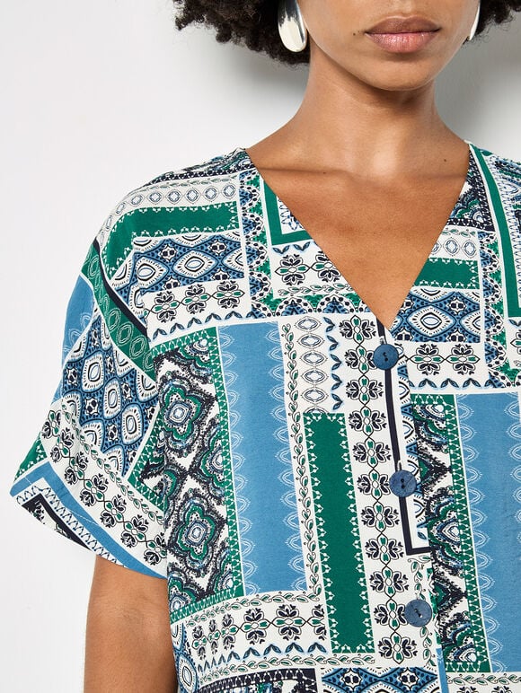 Folk Patchwork Blouse, Blue, large