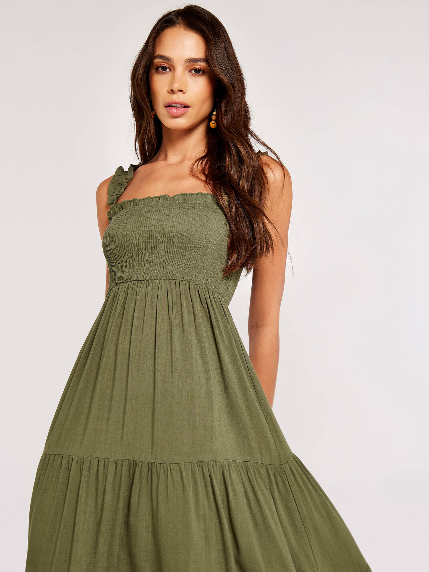 Smock Tiered Midi Dress Apricot Clothing