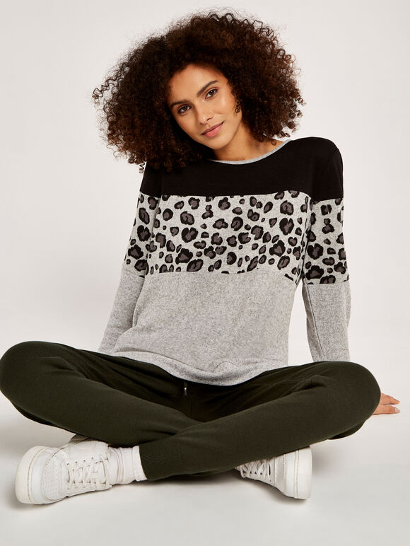 Animal Colourblock Stripe Jumper, Grey, large