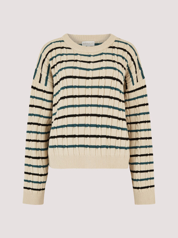 Plaited Knit Stripe Jumper, Stone, large