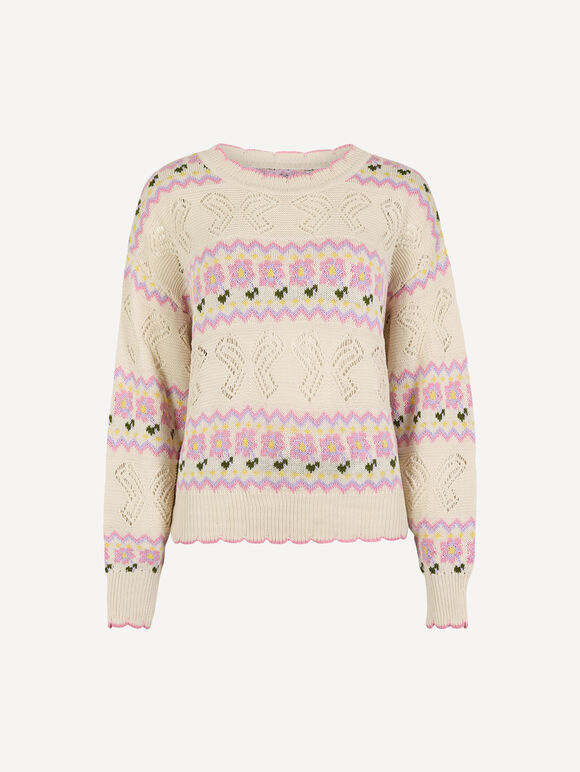 Pointelle Knit Butterfly Floral Jumper, Stone, large