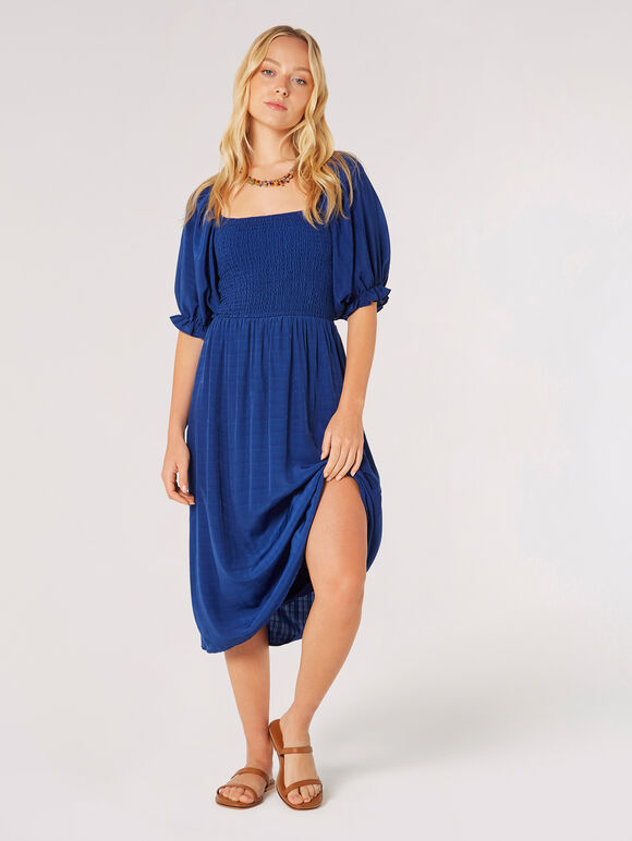 Self-Check Smocked Milkmaid Midi Dress, Blue, large