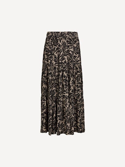 Leaf Print Tiered Midi Skirt