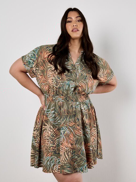 Tropical Leaf Print Smocked Mini Dress, Khaki, large
