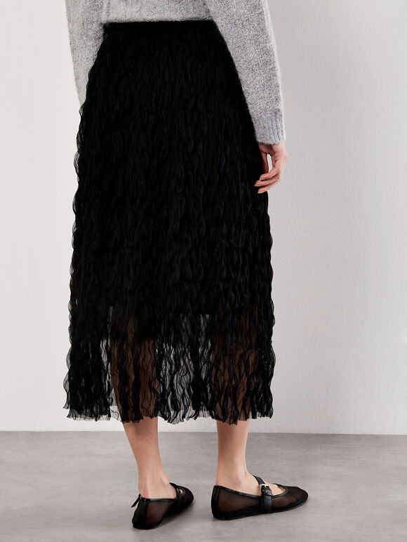 Wavy Tulle Midi Skirt, Black, large