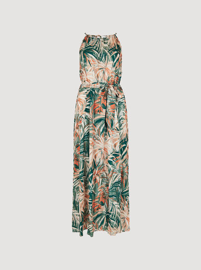 Tropical Leaf Satin Midi Dress