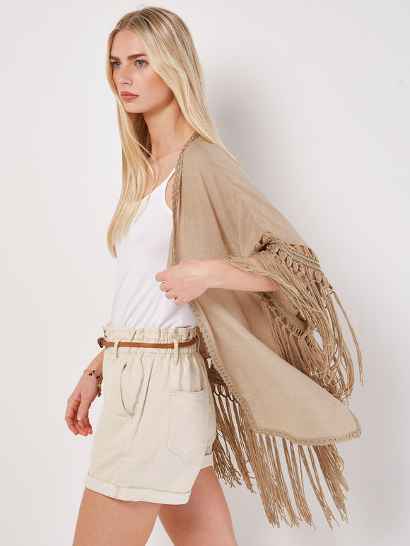 Slub Shimmer Fringe Cover-Up Cardigan, Stone, groß