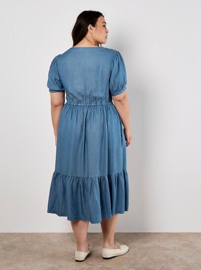 Denim Zip Tiered Midi Dress