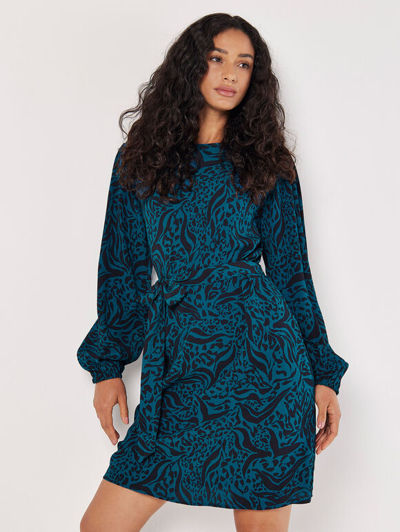 Mixed Animal Print Shift Mini Dress, Teal, large
