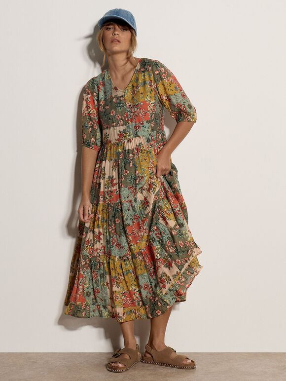 Bloom Patchwork Tiered Dress, Khaki, large