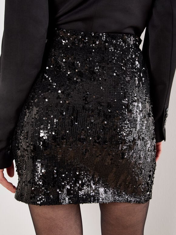 Multi Sequin Bodycon Mini Skirt, Black, large