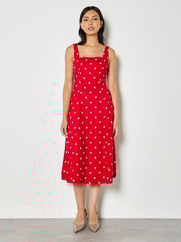 Linen Polka Dot Midi Dress, Red, large
