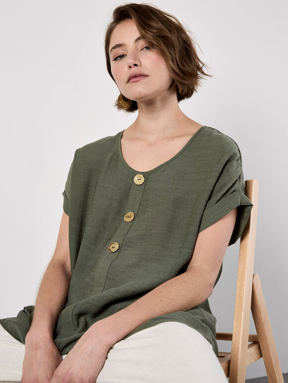Coconut Button Layered Top, Khaki, large