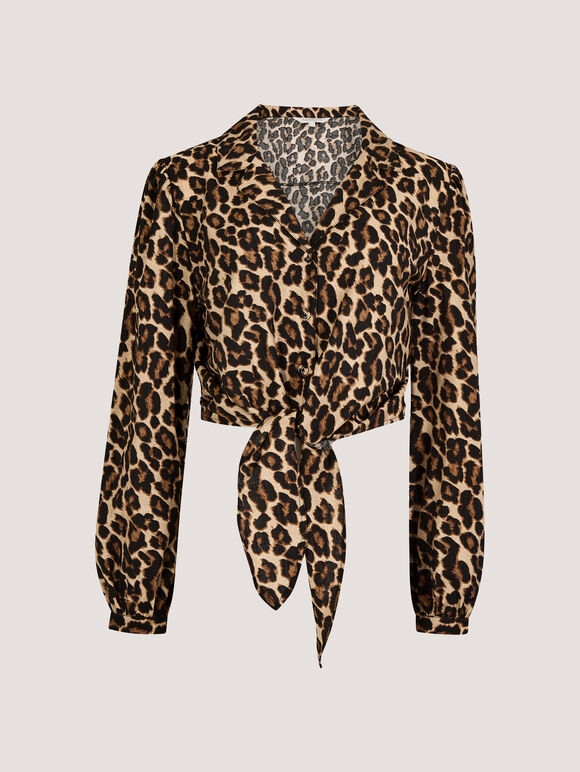 Leopard Print Tie Front Crop Shirt, Brown, large